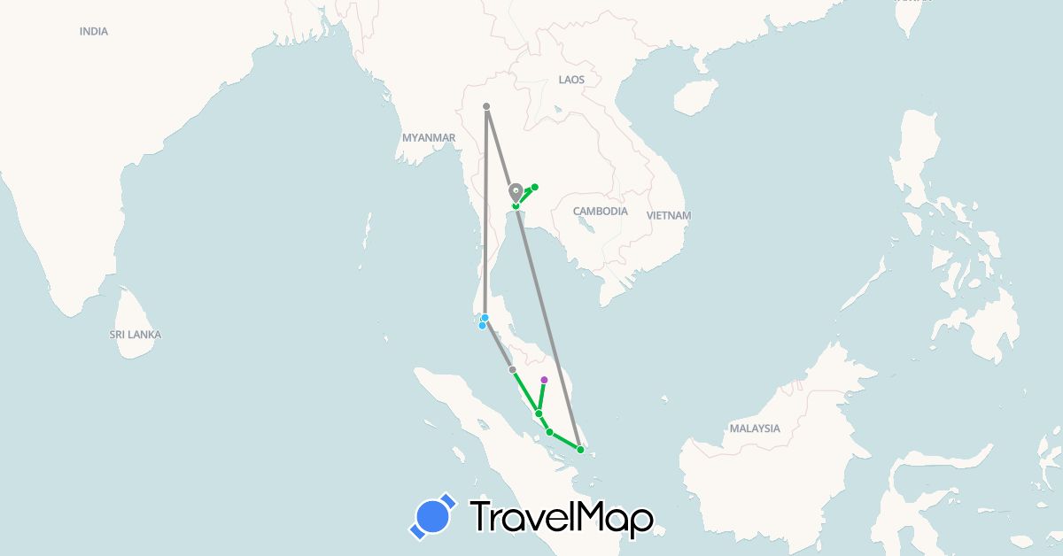 TravelMap itinerary: bus, plane, train, boat in Malaysia, Singapore, Thailand (Asia)