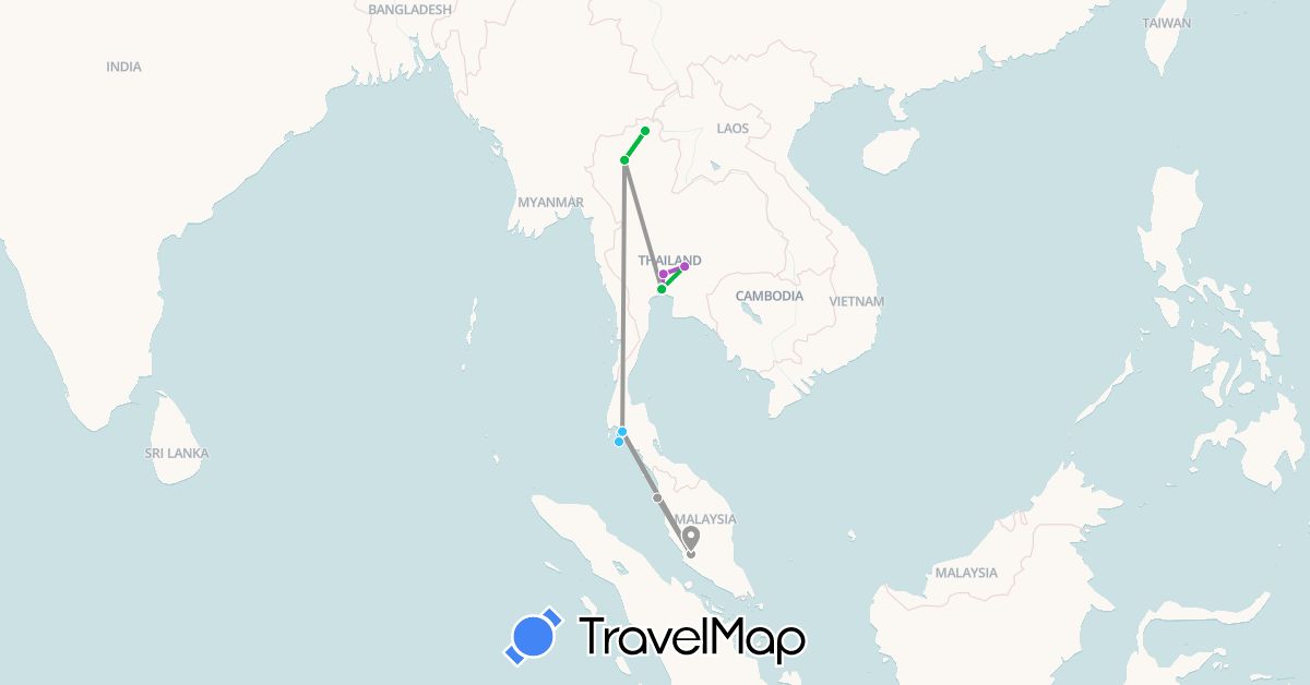 TravelMap itinerary: driving, bus, plane, train, boat in Malaysia, Thailand (Asia)